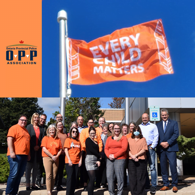 ad Office Staff and Board gather around flag pole for National Day for Truth and Reconciliation 2022. The OPPA is flying a Every Child Matters flag at our Head Office in Barrie, Ontario