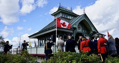 Officers assembled outside of the pavillion