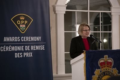 Sylvia Jones speaking at the awards ceremony