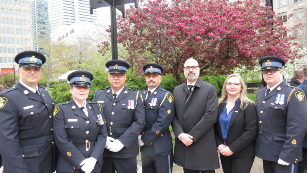 OPP Association Board of Directors attend the 25th Anniversary of the Ontario Police Memorial Foundation Ceremony of Remembrance May 5th, 2024 in Toronto. LtoR: Director Dave Dube, DirectorTerri Hubbert, Director Mike Adair, President John Cerasuolo, Vice President David Sabatini, Director Lynn Neale and Director Rob Jamieson